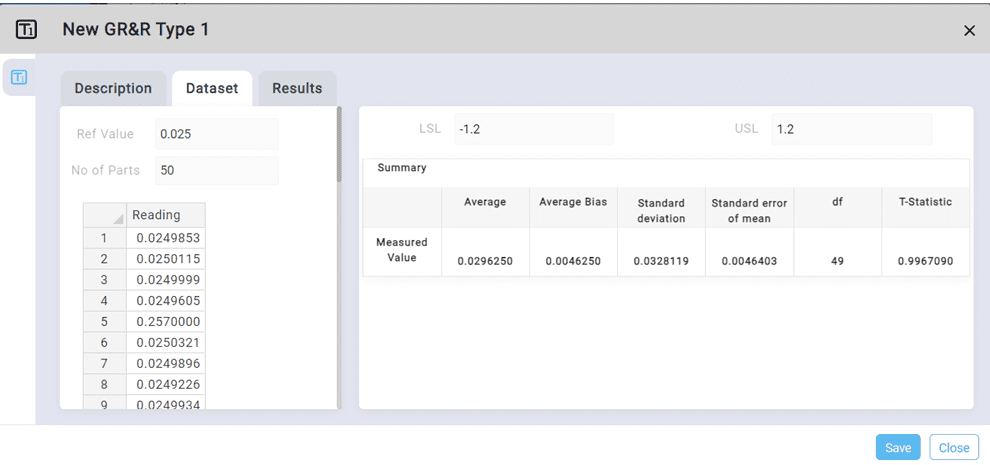 Data entry screen type 1 GRR study in MSA